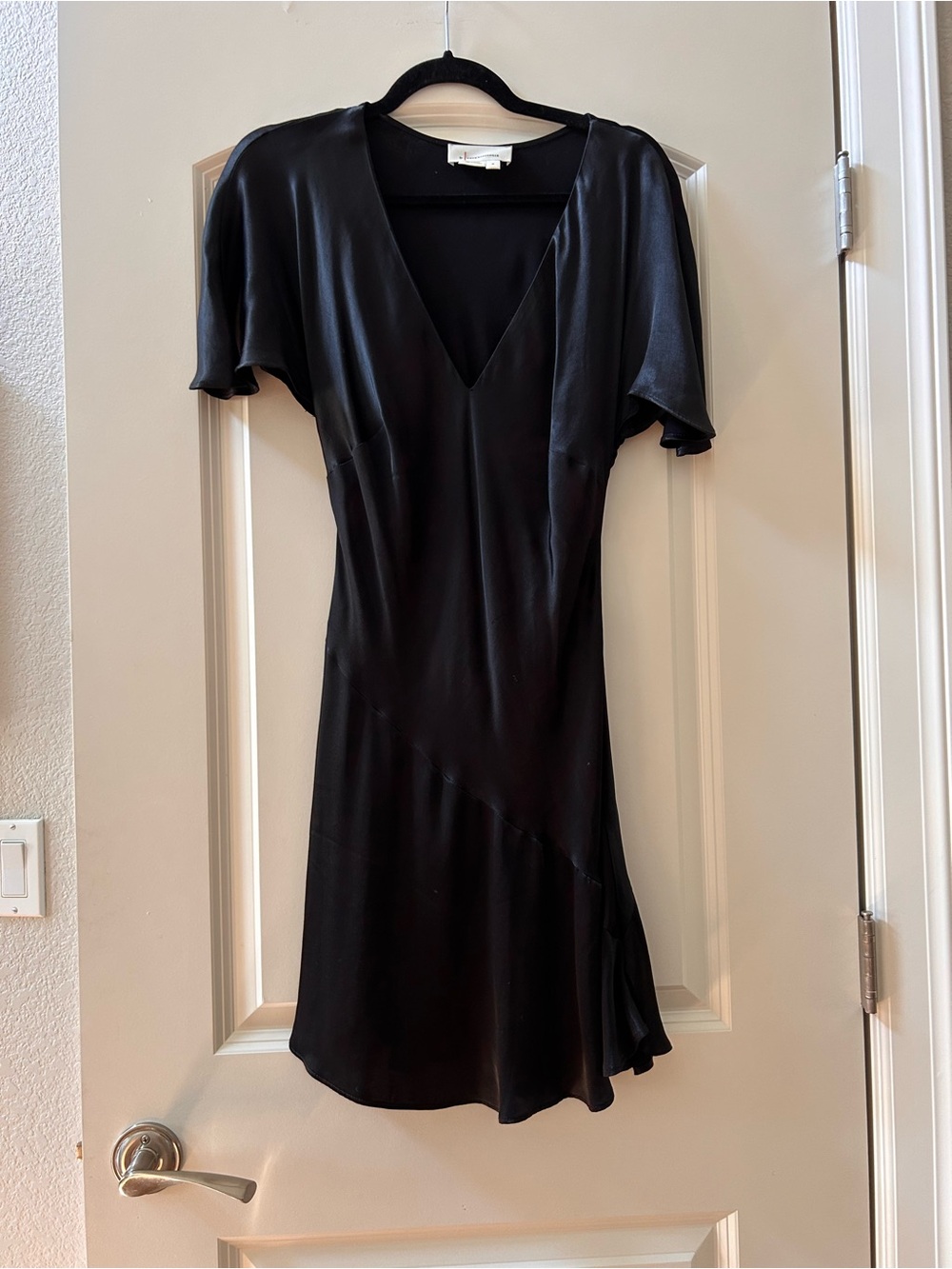 Anthropologie Black Silky Satin Multi Panel Flutter Sleeve Deep V Neck Dress. M - Picture 2 of 9